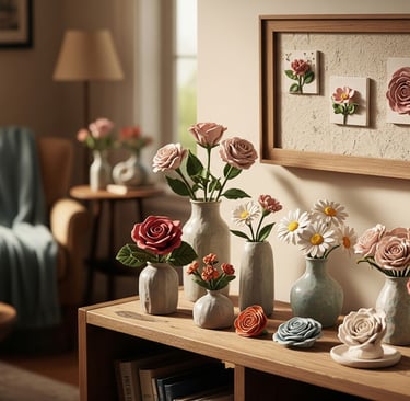 sideboard display of floral clay art