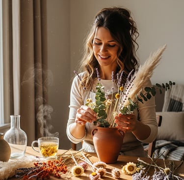 woman smiling and creating dried flowers bouquet