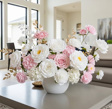 white and pink diy paper flower centerpiece in living room