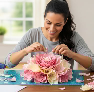 woman enjoying making pink paper flowers