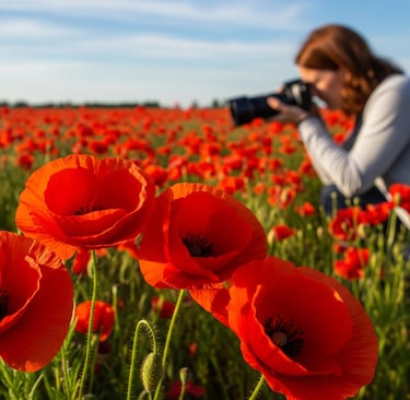 woman taking photo of red poppies of fennsville
