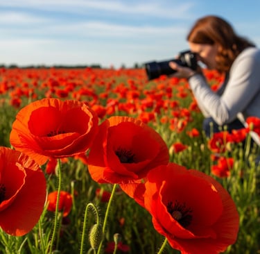 field of poppies and woman taking photos