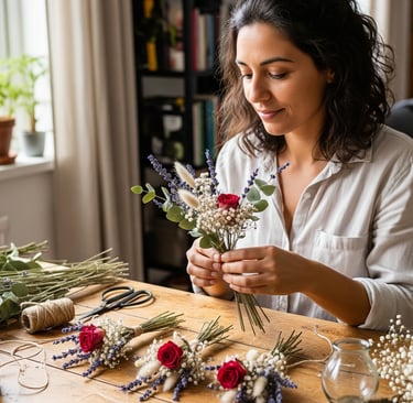 woman preparing dried flowers