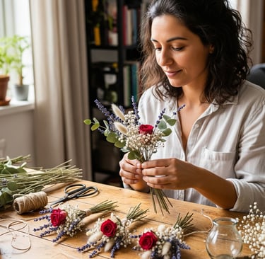 woman making dried flower display