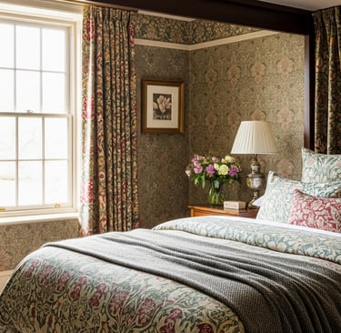 william morris floral patterns on display in modern bedroom