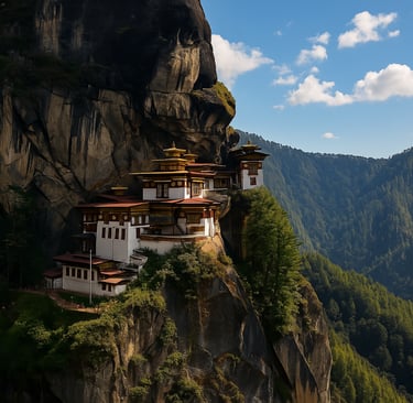 Paro Taktsang in Bhutan, a sacred cliffside monastery with lush forests and mountain views