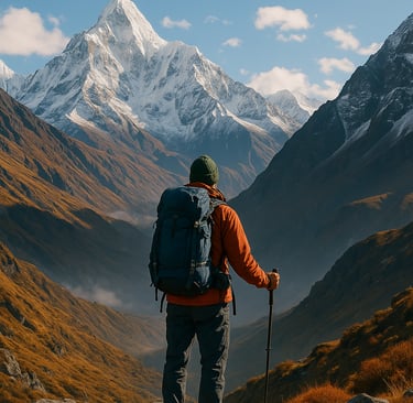 Hiker on rocky ledge gazes at snow-capped Himalayan peak under blue sky