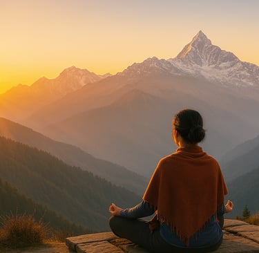 Woman meditates at sunrise facing snow-capped Himalayas, bathed in golden morning light