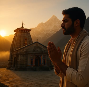 a man is praying in front of Kedarnath temple