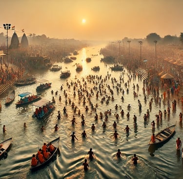 Aerial view of Mahakumbh in Prayagraj, with millions of Hindu pilgrims by the holy Ganges River