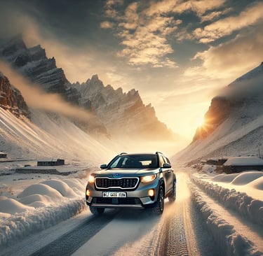 Kia Seltos driving through the rugged mountain roads of Lahaul Spiti in Himachal Pradesh.