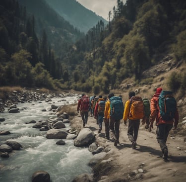 A group of trekkers hiking through scenic trails near Kasol in the Parvati Valley, Himachal Pradesh