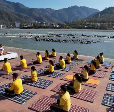 Group of people undergoing yoga course in Rishikesh