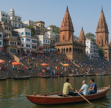 Varanasi ghats with temples, boats on Ganges, and vibrant crowds under colorful umbrellas