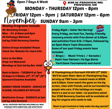 November Outreach 419 Sober event flyer