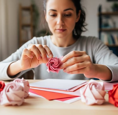 woman sat at desk folding pink paper rose