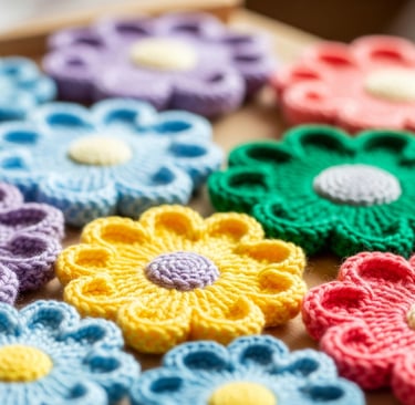 a bunch of crochet flowers on a table