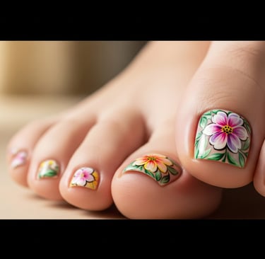 toenail flower art on woman's feet