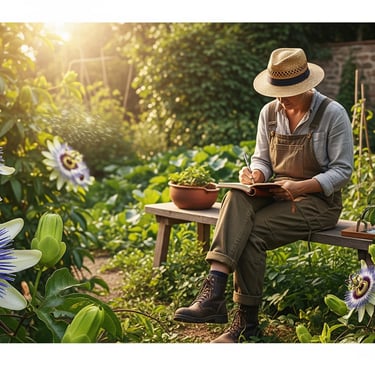 gardener sat on garden bench writing in notebook
