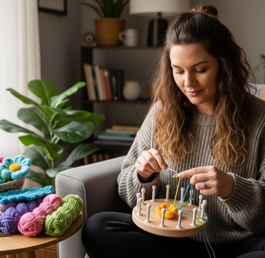 woman sat stitching loom knit flowers