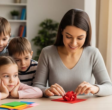 a family of four children playing with origamimimimimimimi