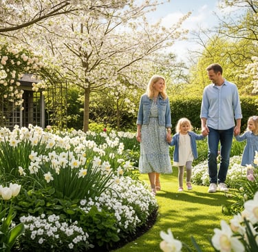 a family of three walking through a garden