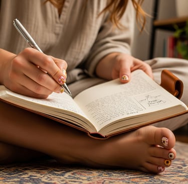 a woman sitting on a chair and writing on a book