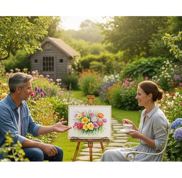 man and woman with cup of tea in garden discusing painting