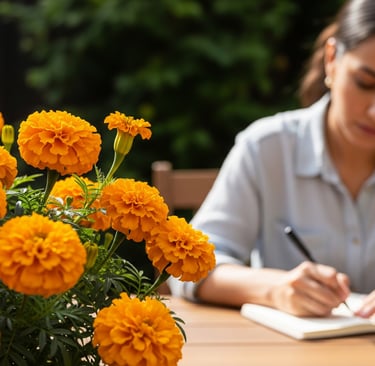 a woman is writing on a notebook while sitting at a table