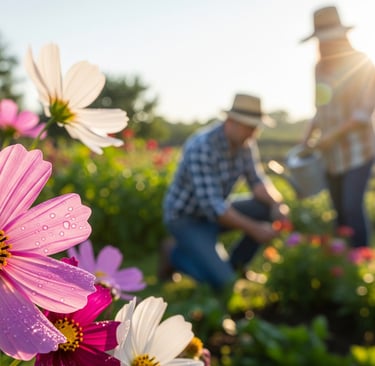 a man and woman in a field with cosmos flowers