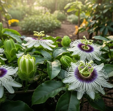 close up of hand pollinated passion fruit flowers