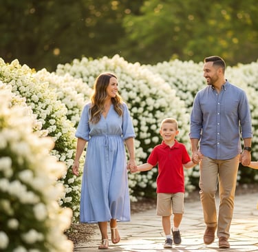 happy family walking admist white flower shrubs