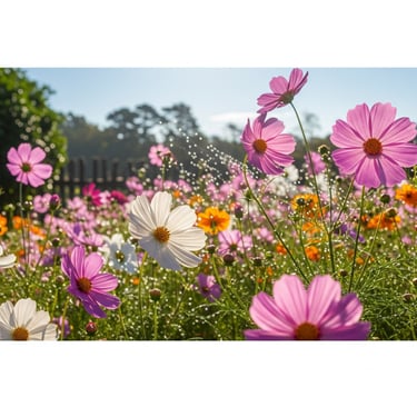 cosmos flowers growing in summer sun
