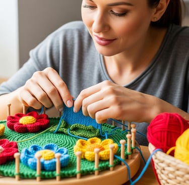 a woman is knitting a flowered cake