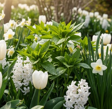 a field of white flowers shrubs with a sun shining through the flowers