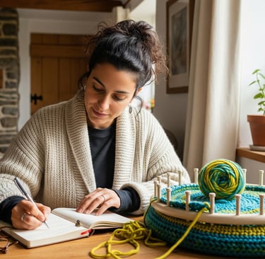 a woman is sitting at a table with a cake and a cup of coffee
