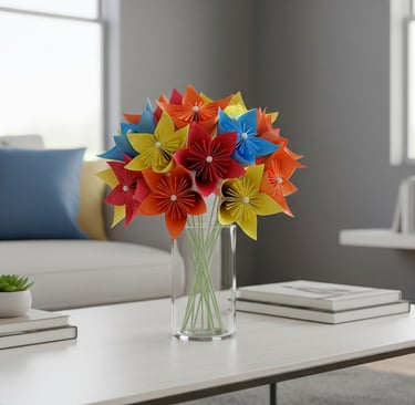 a vase with a vase of origami rose flowers in a living room