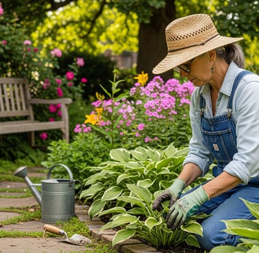 a woman in overalls and hat with gardening gloves on
