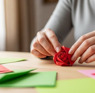 origami rose being folded at table by woman
