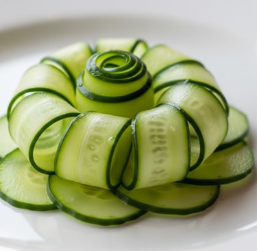 a spiralling cucumber flower garnish on a plate