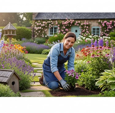 woman gardener planting perennials in garden