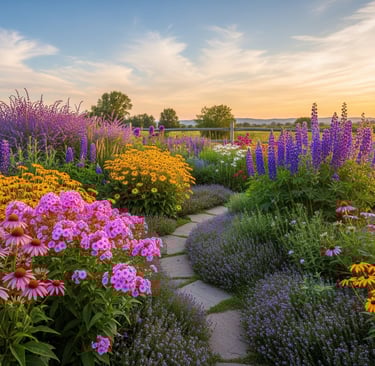 beautiful perennial garden at sunrise