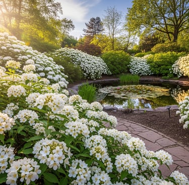 white flower shrubs surrounded small garden pond