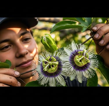 young man examining passion fruit flowers