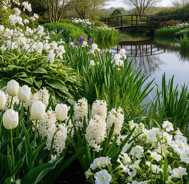 a bridge over a river with white flowers