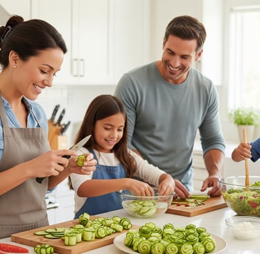 a family of four people are preparing to cook