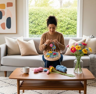 woman loom knitting in modern living room