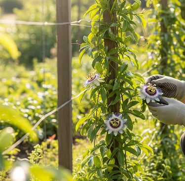 gardener kneeling and caring for passion fruit flowers