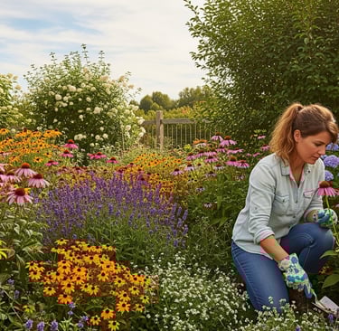 woman planting perennial flowers in the garden