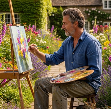 a man is painting delicate watercolor flowers in a garden